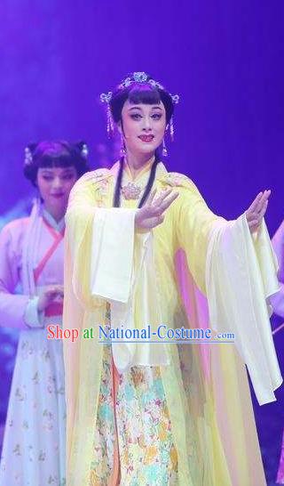 Chinese Shaoxing Opera Noble Lady Costumes Zhang Yu Niang Apparels Yue Opera Hua Tan Actress Yellow Dress Garment and Headpieces