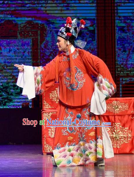 Chinese Shaoxing Opera Xiao Sheng Garment and Hat Yue Opera The Arrogant Princess Apparels Costumes Bridegroom Red Robe