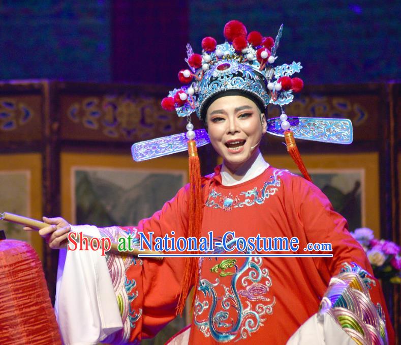 Chinese Shaoxing Opera Xiao Sheng Garment and Hat Yue Opera The Arrogant Princess Apparels Costumes Bridegroom Red Robe