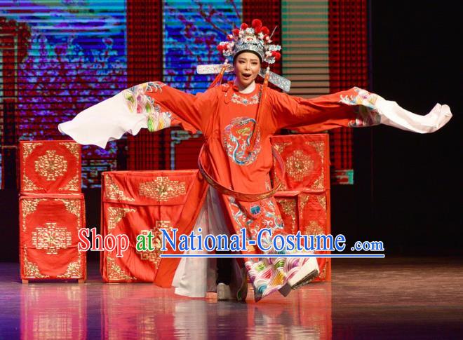 Chinese Shaoxing Opera Xiao Sheng Garment and Hat Yue Opera The Arrogant Princess Apparels Costumes Bridegroom Red Robe