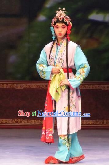 Chinese Ping Opera Servant Girl Apparels Costumes and Headdress Zhen Zhu Shan Traditional Pingju Opera Young Lady Dress Garment