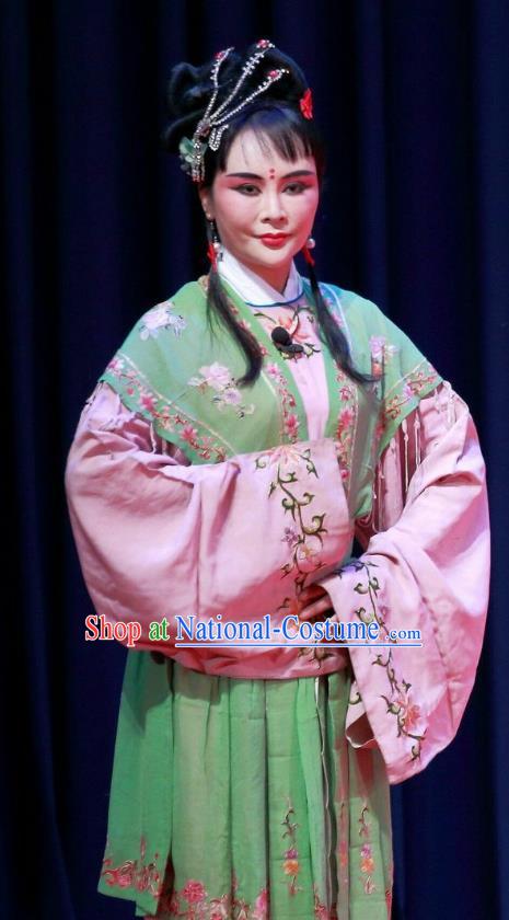 Chinese Ping Opera Xiao Dan Costumes Yu He Qiao Apparels and Headpieces Traditional Pingju Opera Maidservant Green Dress Garment