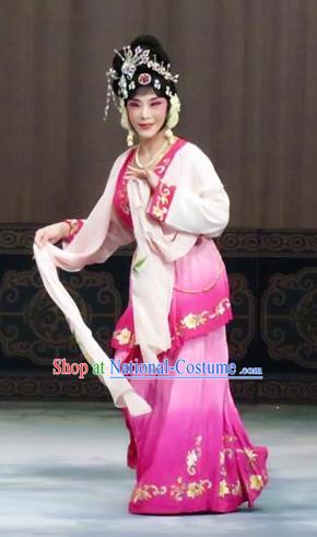 Chinese Ping Opera Patrician Lady Costumes The Wrong Red Silk Apparels and Headpieces Traditional Pingju Opera Hua Tan Rosy Dress Garment