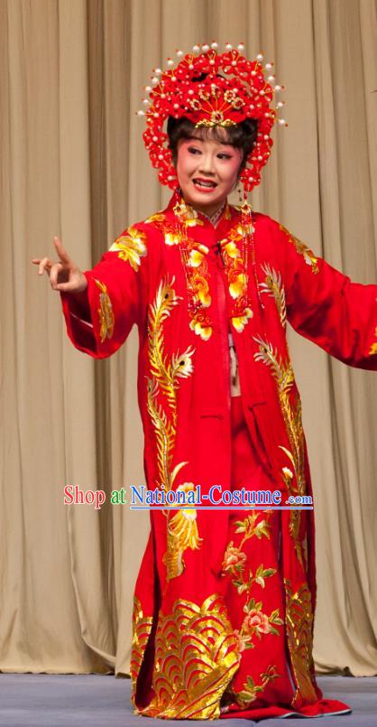 Chinese Ping Opera Bride Fei Jie Young Female Apparels Costumes and Headpieces Traditional Pingju Opera Hua Tan Red Dress Garment