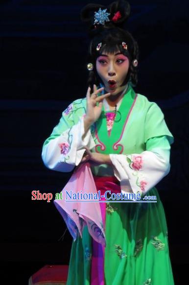 Chinese Ping Opera Servant Girl Apparels Costumes and Headpieces The Five Female Worshipers Traditional Pingju Opera Young Lady Green Dress Garment