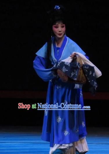 Chinese Ping Opera Country Woman Yang Sanchun Apparels Costumes and Headpieces The Five Female Worshipers Traditional Pingju Opera Diva Blue Dress Garment