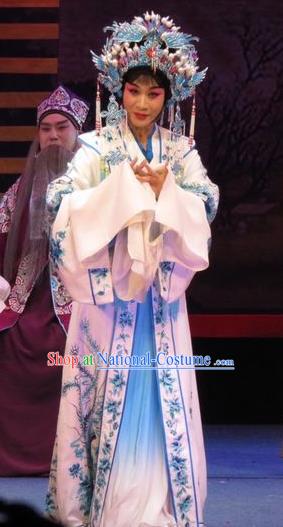 Chinese Ping Opera Yang Sanchun Apparels Costumes and Headdress The Five Female Worshipers Traditional Pingju Opera Hua Tan White Dress Garment