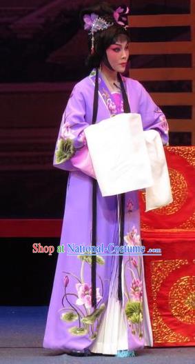 Chinese Ping Opera Diva Purple Apparels Costumes and Headpieces The Five Female Worshipers Traditional Pingju Opera Hua Tan Dress Garment