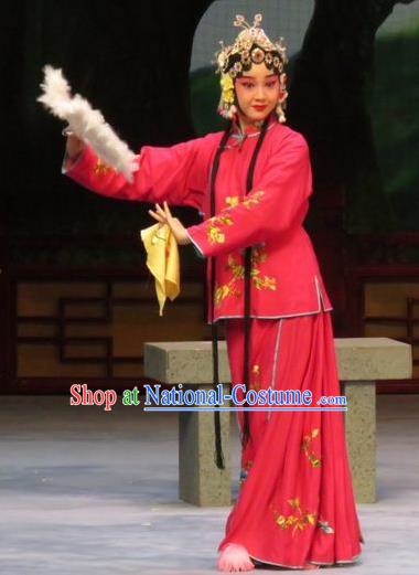 Chinese Ping Opera Young Female Apparels Costumes and Headdress Li Xianglian Selling Paintings Traditional Pingju Opera Diva Red Dress Garment