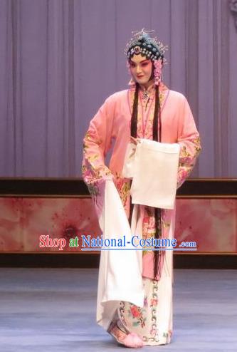 Chinese Ping Opera Huadan Pink Apparels Costumes and Headdress Peach Blossom Temple Traditional Pingju Opera Diva Actress Dress Garment