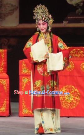 Chinese Ping Opera Bride Apparels Costumes and Headdress Linjiang Post Traditional Pingju Opera Red Dress Diva Zhang Lanzhen Wedding Garment