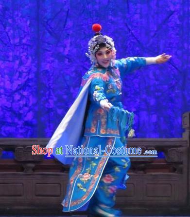 Chinese Ping Opera Female Swordsman Blue Costumes Apparels and Headpieces Yang Bajie You Chun Traditional Pingju Opera Wudan Dress Garment