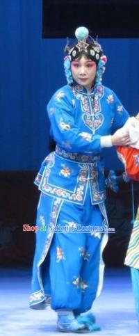 Chinese Ping Opera Wudan Martial Female Apparels Costumes and Headdress Traditional Pingju Opera San Kan Yu Mei Swordswoman Blue Dress Garment