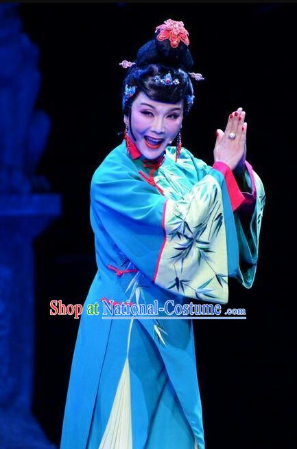 Chinese Ping Opera Hostess Leng Yuefang Costumes Apparels and Headdress Ji Yin Chuan Qi Traditional Pingju Opera Diva Green Dress Garment