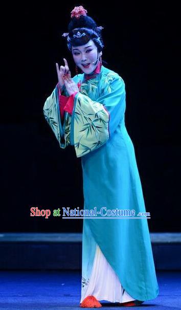 Chinese Ping Opera Hostess Leng Yuefang Costumes Apparels and Headdress Ji Yin Chuan Qi Traditional Pingju Opera Diva Green Dress Garment