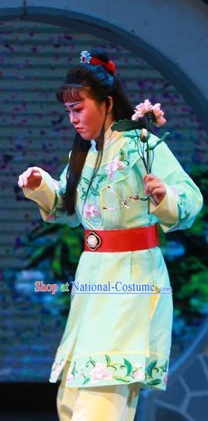 The Wrong Red Silk Chinese Yue Opera Livehand Apparels Shaoxing Opera WaWa Sheng Costumes Servant Garment and Headpiece