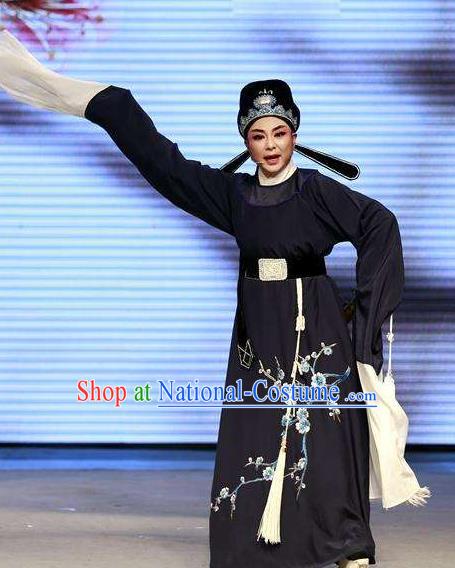 Chinese Yue Opera Lu You And Tang Wan Scholar Costumes Blue Robe and Hat Shaoxing Opera Niche Poet Young Male Apparels Garment