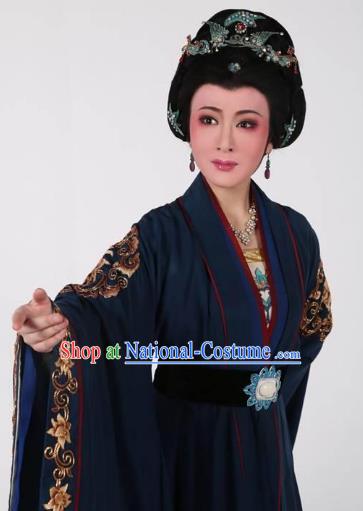 Chinese Shaoxing Opera Elderly Dame Navy Dress Hua Tan Garment Yue Opera Lu You And Tang Wan Costumes Countess Lu Apparels and Headpieces