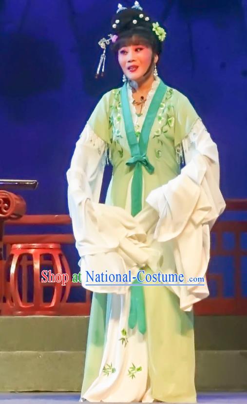 Chinese Shaoxing Opera Noble Female Garment Yue Opera Lu You And Tang Wan Costumes Apparels Young Mistress Green Dress and Hair Ornaments