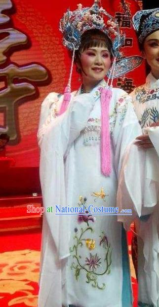 Chinese Shaoxing Opera Hua Tan White Dress Yue Opera Wu Nv Bai Shou Huadan Costumes Garment Actress Diva Apparels and Headwear