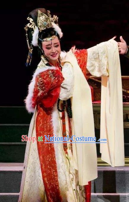 Chinese Shaoxing Opera Queen Actress Apparels Dress and Headdress The Desolate Palace of Liao Yue Opera Hua Tan Empress Xiao Guanyin Garment Costumes