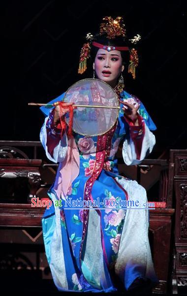 Feng Jie Chinese Shaoxing Opera Noble Young Mistress Wang Xifeng Apparels and Headdress Yue Opera Hua Tan Costumes Actress Dress Garment