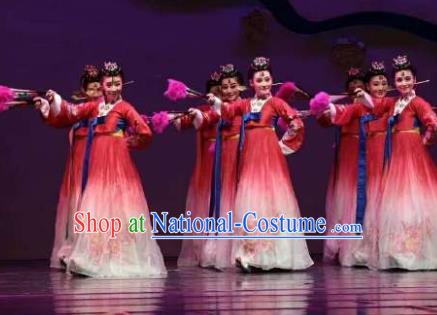 Chinese Shaoxing Opera Geisha Red Korean Hanbok Apparels and Headdress Chunh Yang Yue Opera Young Female Dress Costumes Garment