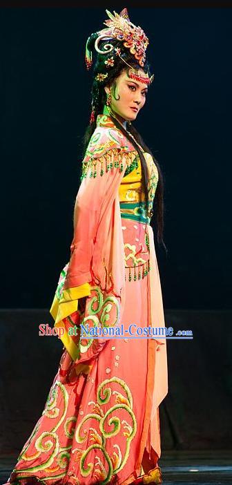 Chinese Shaoxing Opera Hua Tan Costumes and Hair Accessories Yue Opera Hai Ming Zhu Princess Hailong Dress Apparels Actress Garment