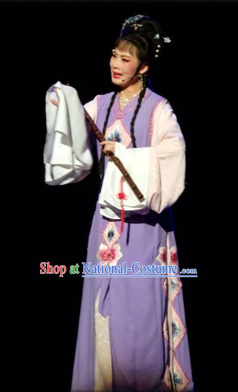 Chinese Shaoxing Opera Young Female Purple Dress and Headpieces The Number One Scholar Is Not Love Tang Meifen Garment Yue Opera Hua Tan Apparels Costumes