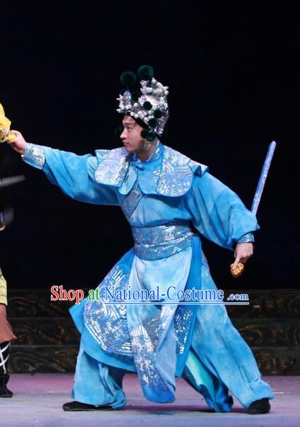 Chun Qiu Er Xu Chinese Peking Opera Young Male Garment Costumes and Headwear Beijing Opera Swordsman Apparels Takefu Zi Qi Clothing