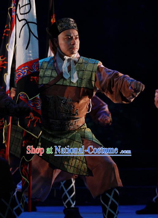 Chun Qiu Er Xu Chinese Peking Opera Takefu Garment Costumes and Headwear Beijing Opera Swordsman Apparels Soldier Clothing