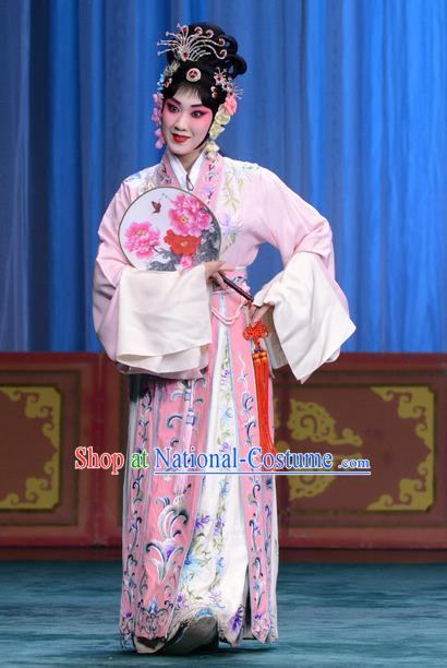 Chinese Beijing Opera Hua Tan Apparels Costumes and Headdress Xie Yaohuan Traditional Peking Opera Actress Pink Dress Young Woman Garment