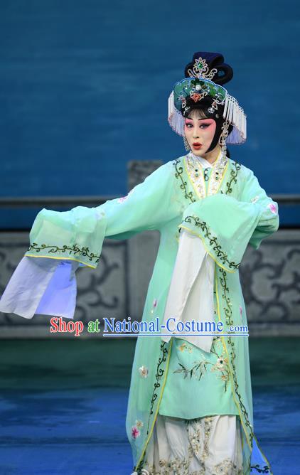 Chinese Beijing Opera Hua Tan Apparels Costumes and Headdress Xie Yaohuan Traditional Peking Opera Actress Green Dress Garment