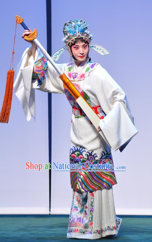 Chinese Beijing Opera Diva Apparels Costumes and Headdress Xie Yaohuan Traditional Peking Opera Female Official White Dress Actress Garment