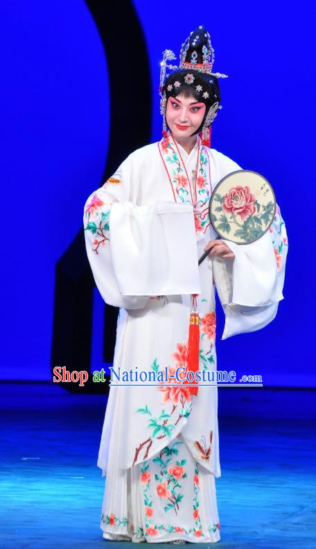 Chinese Beijing Opera Young Female Apparels Costumes and Headdress Xie Yaohuan Traditional Peking Opera Hua Tan White Dress Diva Garment