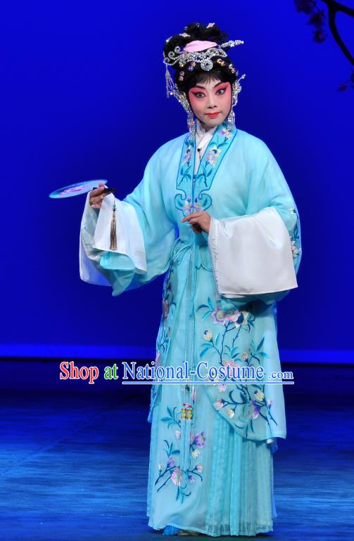 Chinese Beijing Opera Young Female Apparels Diva Costumes and Headdress Xie Yaohuan Traditional Peking Opera Hua Tan Blue Dress Garment