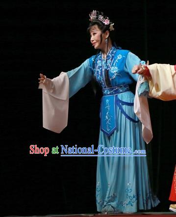 Chinese Ping Opera Palace Lady Kou Zhu Apparels Costumes and Headpieces Traditional Pingju Opera Palm Civet for Prince Diva Blue Dress Garment