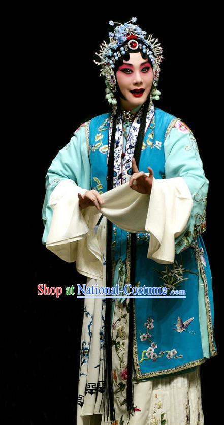 Chinese Beijing Opera Distress Maiden Apparels Costumes and Headdress Han Yuniang Traditional Peking Opera Diva Blue Dress Young Woman Garment