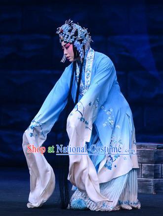 Chinese Beijing Opera Diva Li Qianjun Apparels Costumes and Headdress On A Wall and Horse Traditional Peking Opera Hua Tan Blue Dress Actress Garment