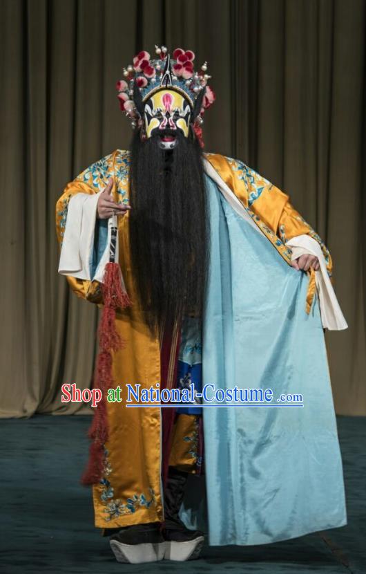 San Dao Ling Chinese Peking Opera Elderly Male Garment Costumes and Headwear Beijing Opera Takefu Apparels Swordsman Yang Xiu Clothing