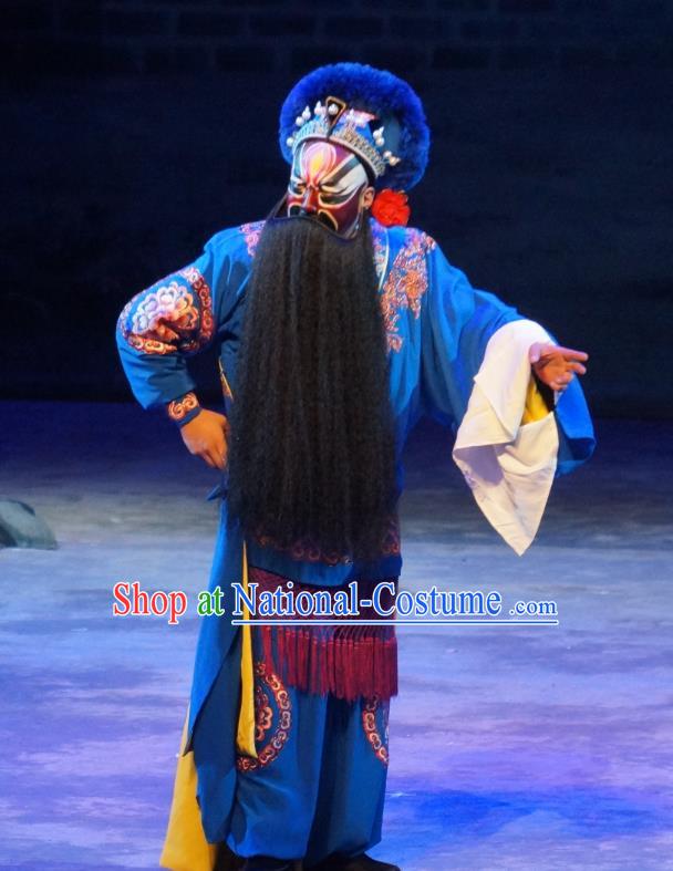 Seven Heros Five Gallants Chinese Peking Opera Martial Male Garment Costumes and Headwear Beijing Opera Swordsman Apparels Takefu Blue Clothing