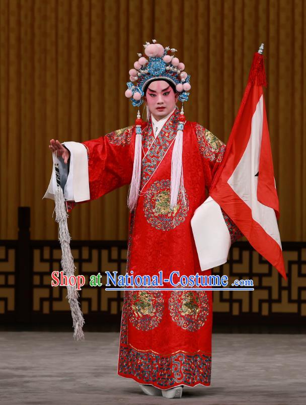 Dingjun Mount Chinese Peking Opera Young Male Garment Costumes and Headwear Beijing Opera General Zhou Yu Apparels Military Counsellor Clothing