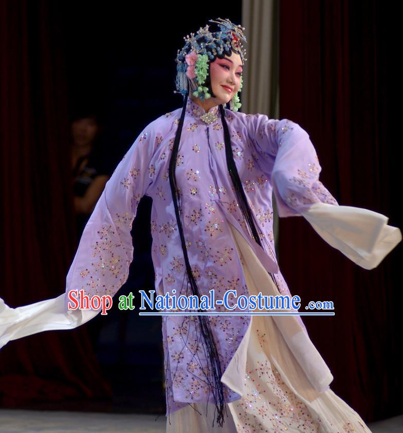 Chinese Beijing Opera Hua Tan Young Mistress Apparels Chun Gui Meng Costumes and Headpieces Traditional Peking Opera Actress Purple Dress Garment