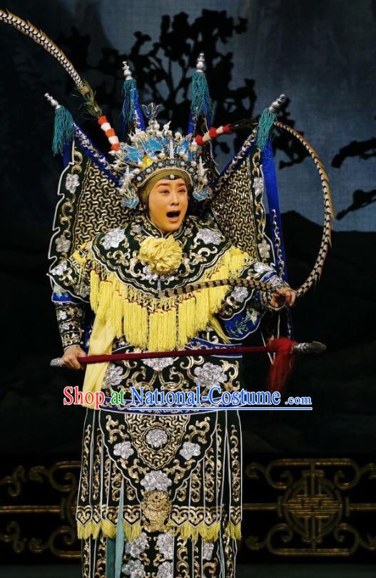 Chinese Beijing Opera Female General Apparels Colorful Spear Costumes and Headpieces Traditional Peking Opera Martial Woman Jiang Guizhi Armor Garment with Flags