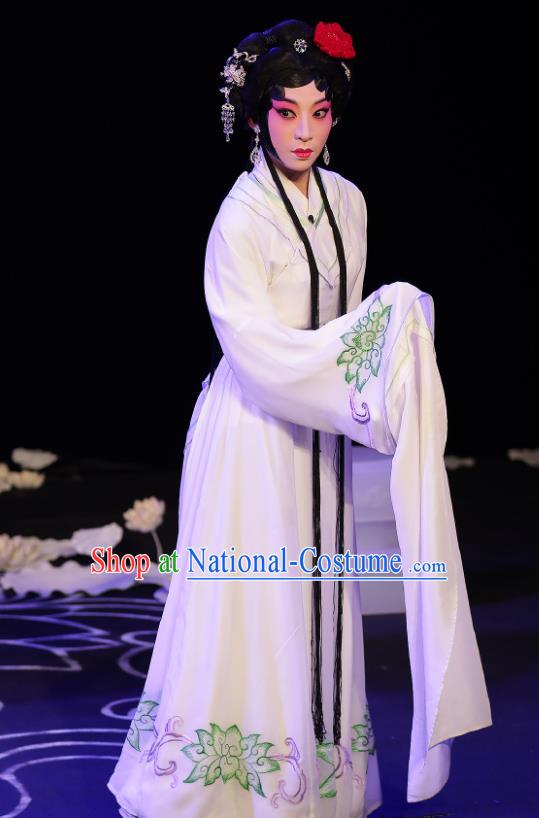 Chinese Beijing Opera Distress Maiden Apparels A Love Beyond Costumes and Headdress Traditional Peking Opera Diva Qu Xiuxiu Dress Actress Garment