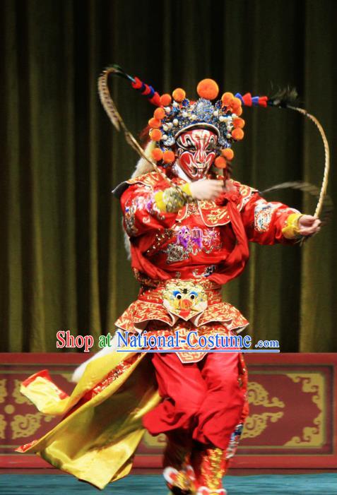 Ju Da Gang Chinese Peking Opera Swordsman Garment Costumes and Headwear Beijing Opera Apparels Martial Male Soldier Red Clothing