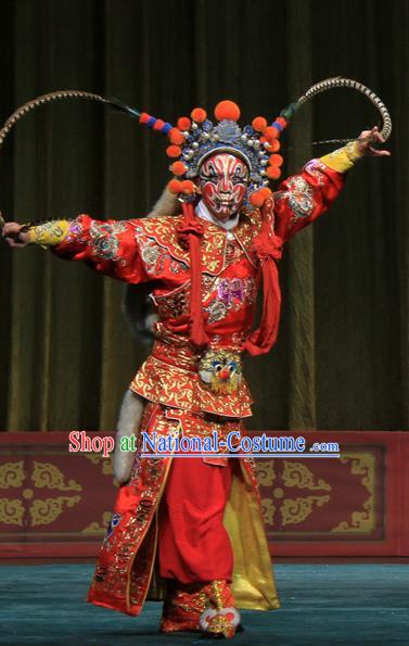 Ju Da Gang Chinese Peking Opera Swordsman Garment Costumes and Headwear Beijing Opera Apparels Martial Male Soldier Red Clothing