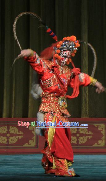 Ju Da Gang Chinese Peking Opera Swordsman Garment Costumes and Headwear Beijing Opera Apparels Martial Male Soldier Red Clothing