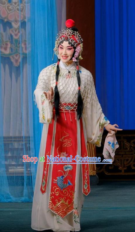 Chinese Beijing Opera Young Female Apparels Gai Rong Zhan Fu Costumes and Headdress Traditional Peking Opera Hua Tan Dress Diva Wan Xiangyou Garment