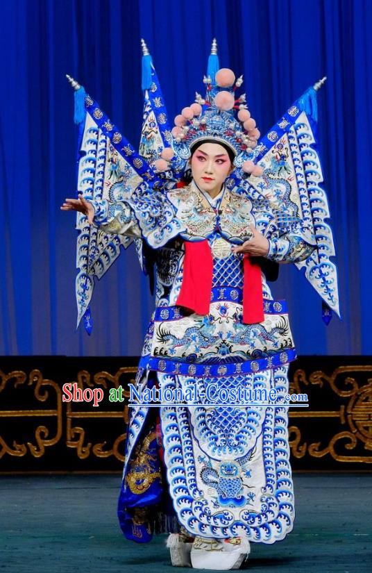 Chinese Beijing Opera Female General Kao Apparels Gai Rong Zhan Fu Costumes and Headdress Traditional Peking Opera Martial Woman Dress Wan Xiangyou Garment with Flags